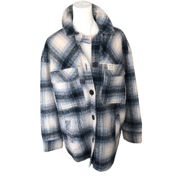 Urban Outfitters Blue White Plaid Shacket Boxy Oversized Wool Jacket Sz Small - Picture 1 of 15